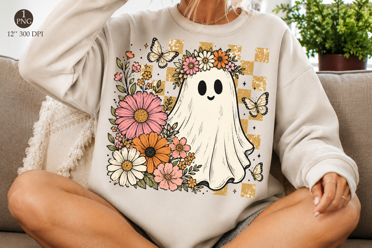 Retro Halloween Ghost With Flowers Png, Vintage Halloween