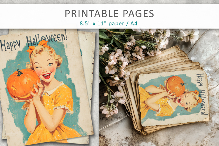 vintage girl illustration, 1950s halloween printable