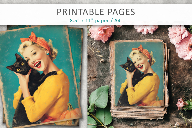 vintage junk journal pages, retro girls