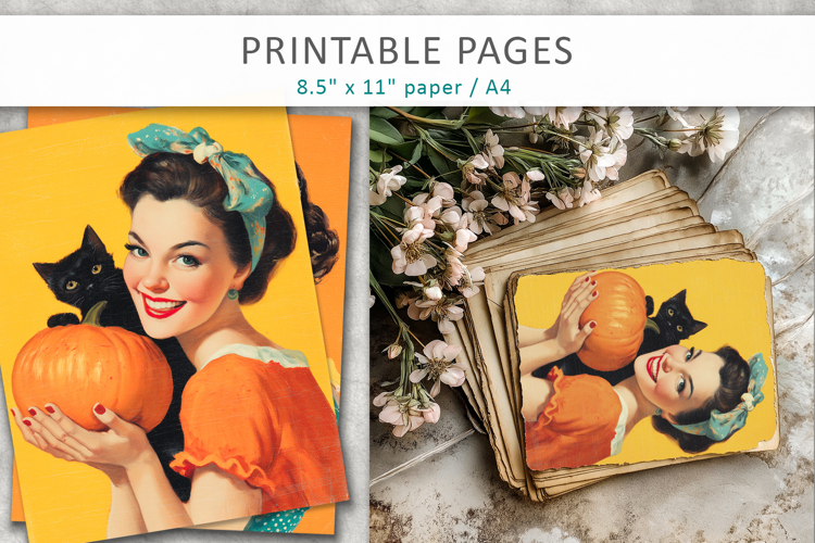 vintage junk journal pages, smiling women halloween