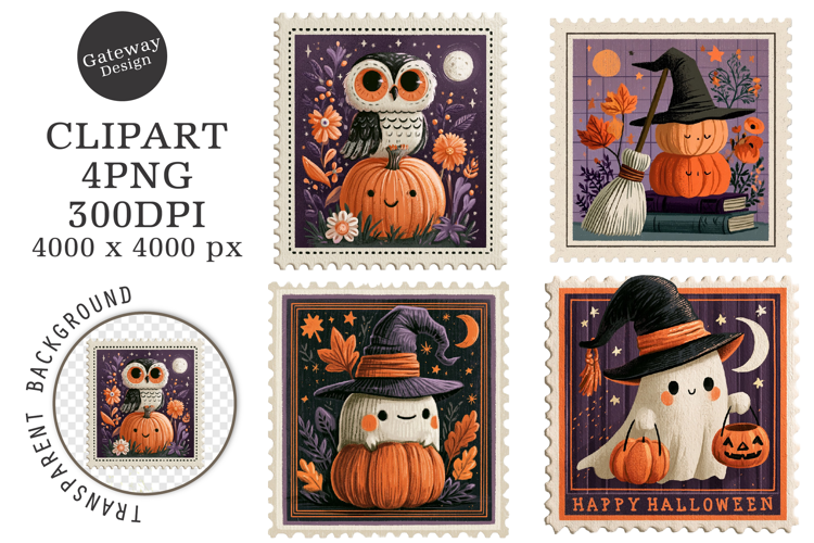 Retro Halloween Postage Stamp PNG