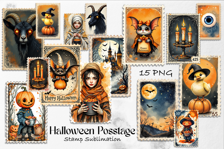 Retro Halloween stamp, vintage watercolor clipart