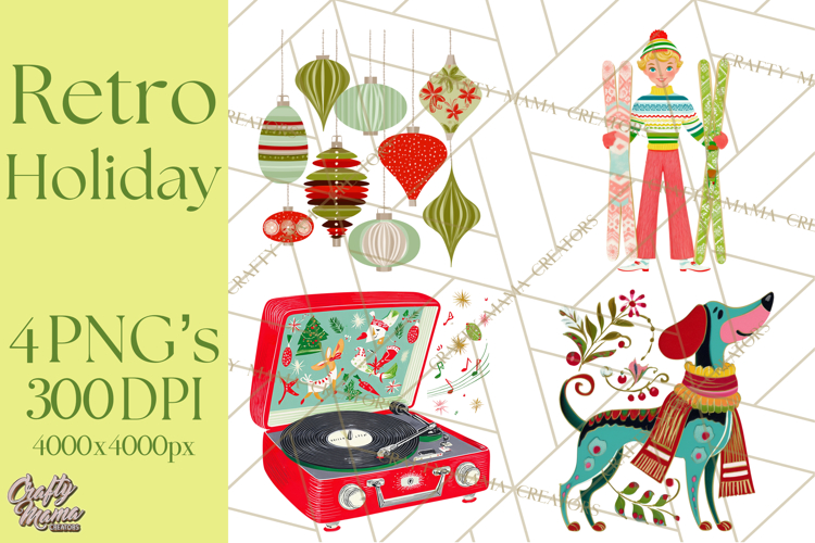 Midcentury Modern Christmas Clip Art, Retro Holiday PNG