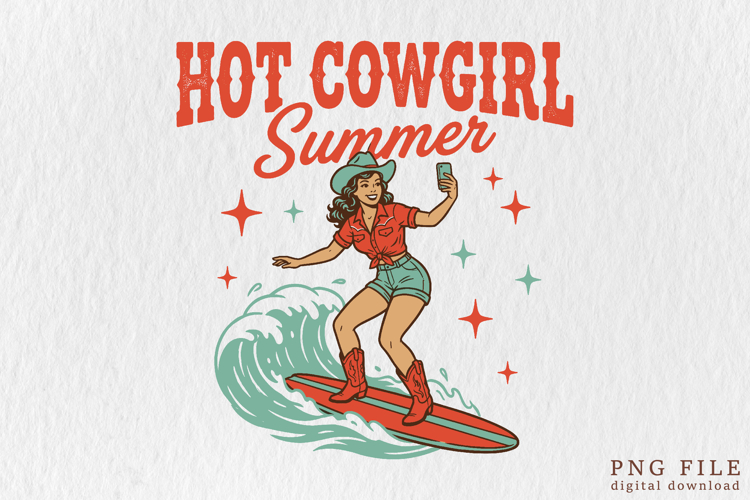 Retro Hot Cowgirl Summer Surfing Graphic