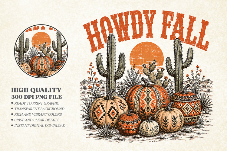 Retro Howdy Fall Aztec Pumpkin Design, Howdy Fall PNG