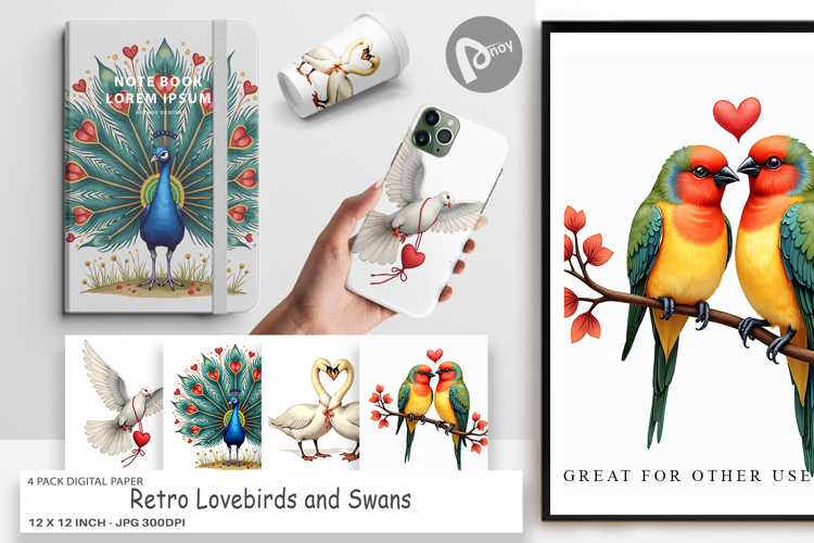 Valentine Lovebirds Digital Paper