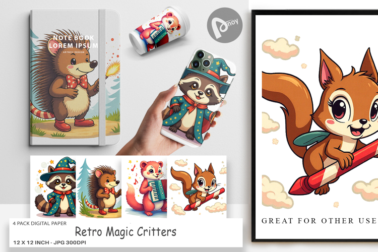 Digital Paper Retro Magic Critters