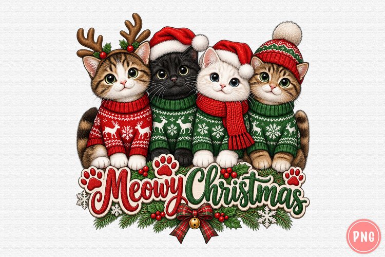 Merry Christmas Cats PNG | Festive Cat Family Christmas Png example image 1