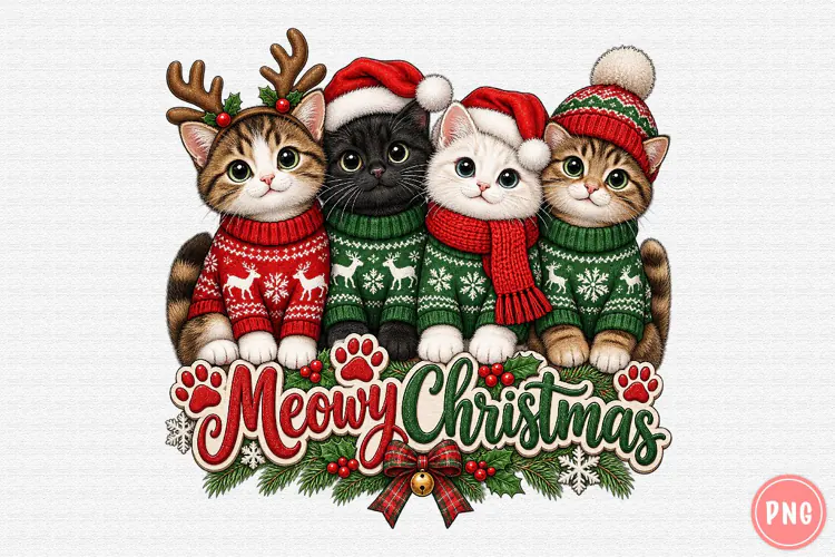 Merry Christmas Cats PNG | Festive Cat Family Christmas Png