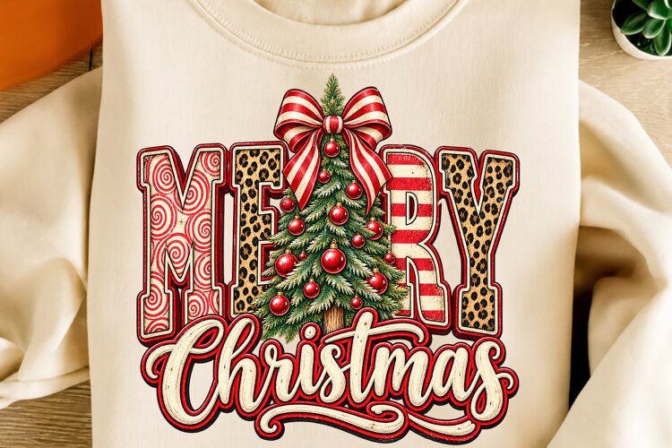 Merry Christmas Leopard Christmas Tree PNG | Red Striped Bow example image 1