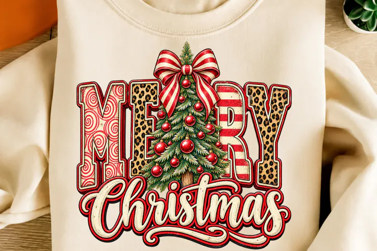 Merry Christmas Leopard Christmas Tree PNG | Red Striped Bow