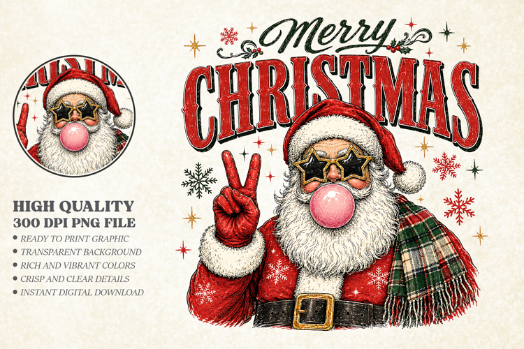 Retro Merry Christmas Santa PNG - Cool Bubblegum Shirt