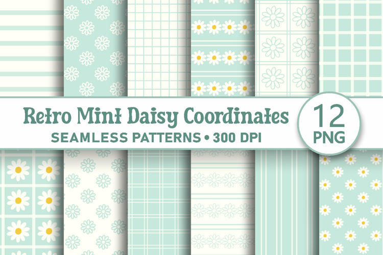 Retro mint daisy seamless patterns Digital paper png bundle
