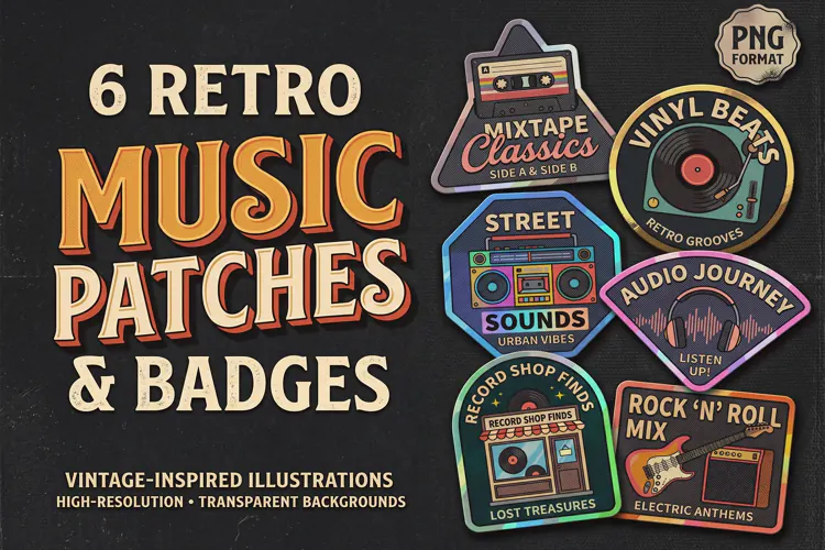 6 Retro Music Patches & Badges PNG