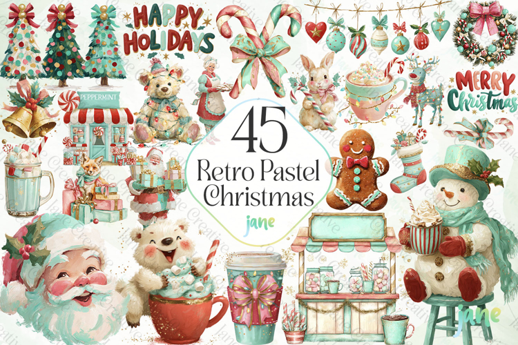 Retro Pastel Christmas Clipart Bundle