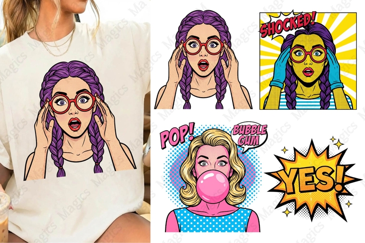 Retro Pop Art Shocked Purple Hair Woman PNG Design File
