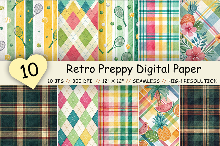 Retro Preppy Digital Paper Pack, Seamless Watercolor Pattern