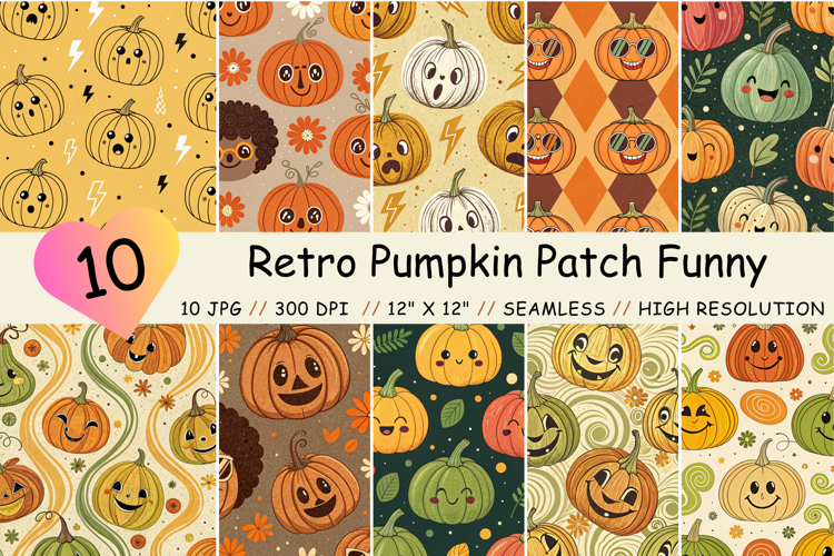Retro Pumpkin Patch Funny Seamless Pattern, Digital Paper