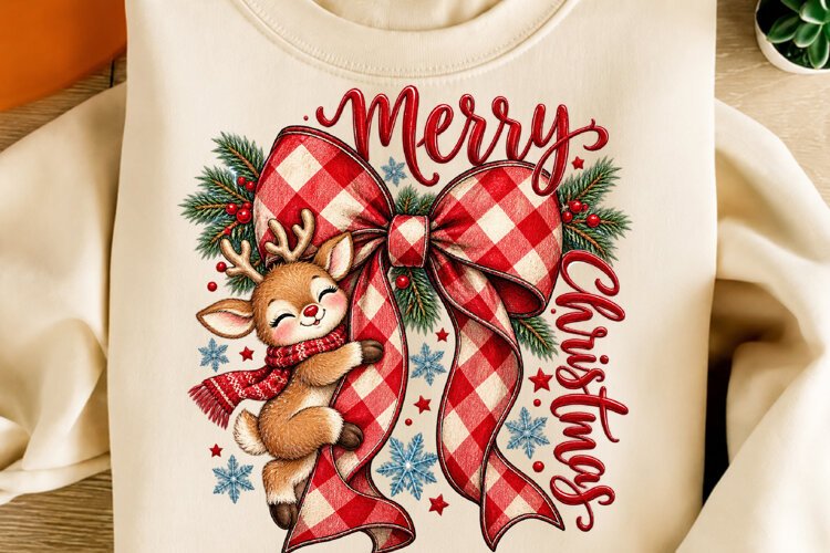 Merry Christmas Reindeer PNG | Buffalo Plaid Bow Sublimation example image 1