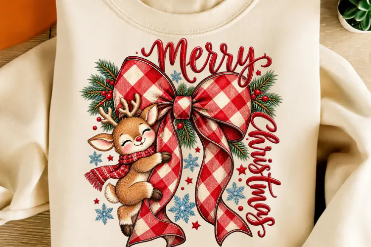 Merry Christmas Reindeer PNG | Buffalo Plaid Bow Sublimation