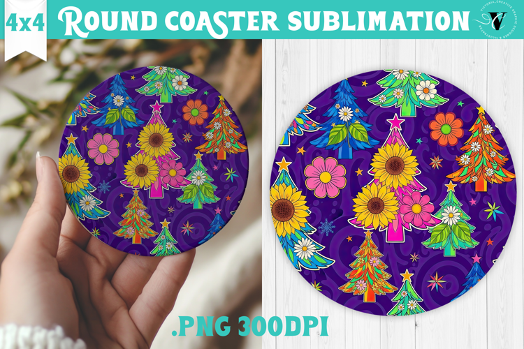Vintage vibe Round Coaster | Psychedelic Christmas tree