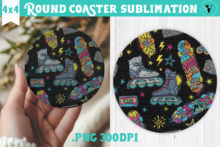 Vintage vibe Round Coaster | 90s graffiti style and neon