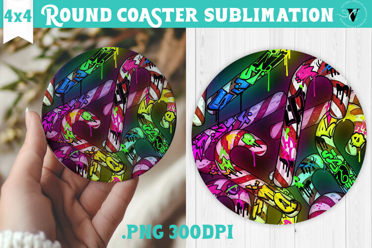 Vintage vibe Round Coaster | 90s graffiti style christmas example image 1