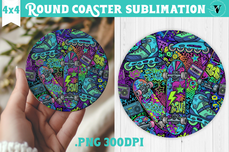 Vintage vibe Round Coaster | 90s graffiti style and neon