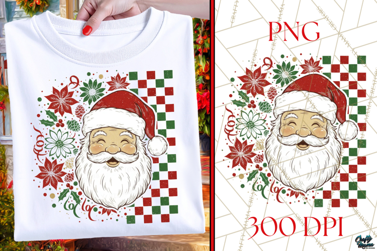 Floral Rustic Santa PNG | Retro Checkered Christmas PNG