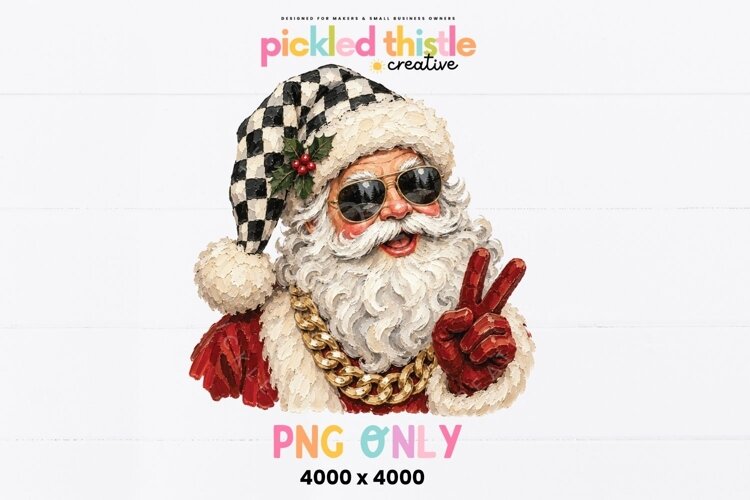 Textured Christmas PNG showing a modern Santa Claus with a curly white beard, reflective sunglasses, gold jewelry and bold checkered hat in cream, black and festive red.