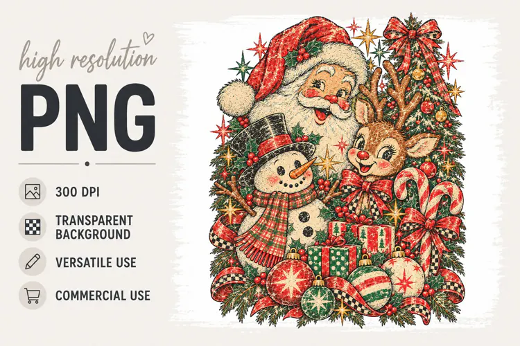 Vintage Christmas png, Santa, Snowman, Reindeer png
