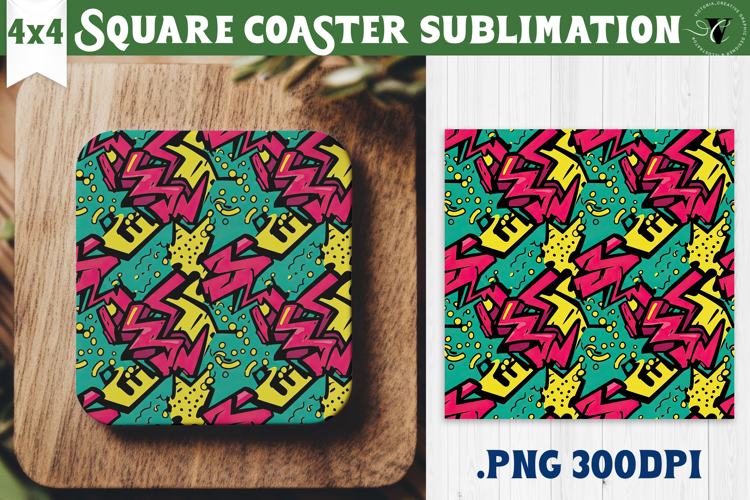Vintage vibe Square Coasters | 90s graffiti style and neon