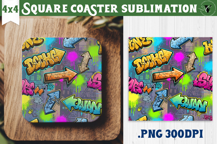 Vintage vibe Square Coasters | 90s graffiti style and neon