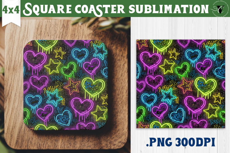 Vintage vibe Square Coasters | 90s graffiti style and neon