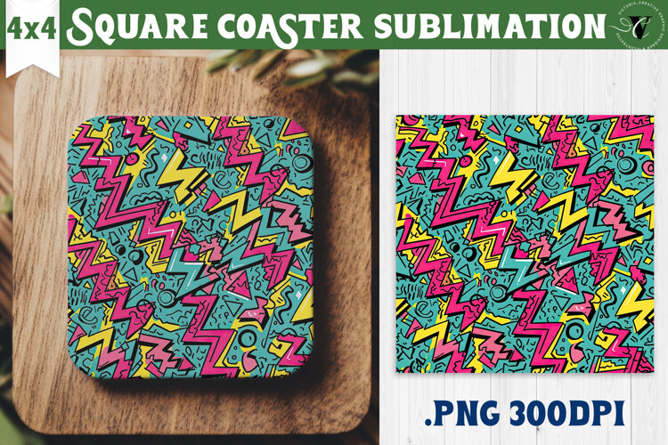 Vintage vibe Square Coasters | 90s graffiti style and neon example image 1