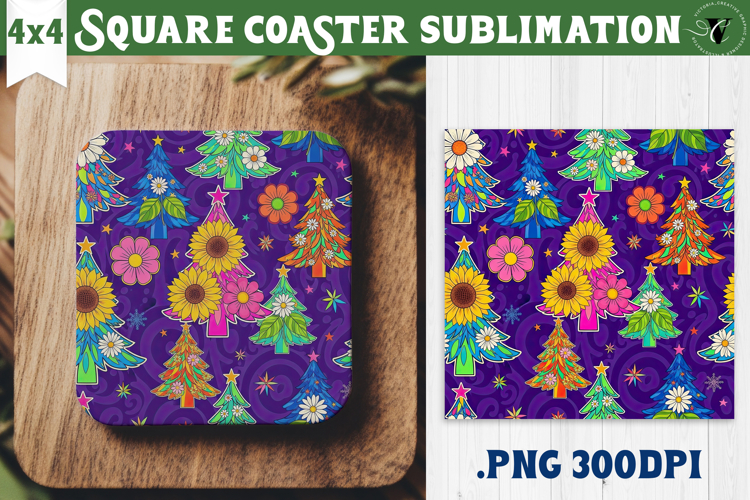Vintage vibe Square Coasters | Retro psychedelic Christmas