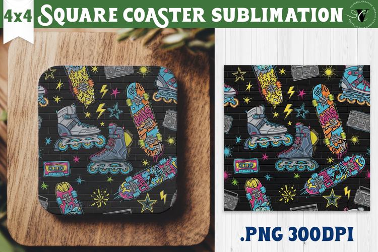 Vintage vibe Square Coasters | 90s graffiti style and neon