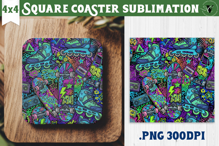 Vintage vibe Square Coasters | 90s graffiti style and neon