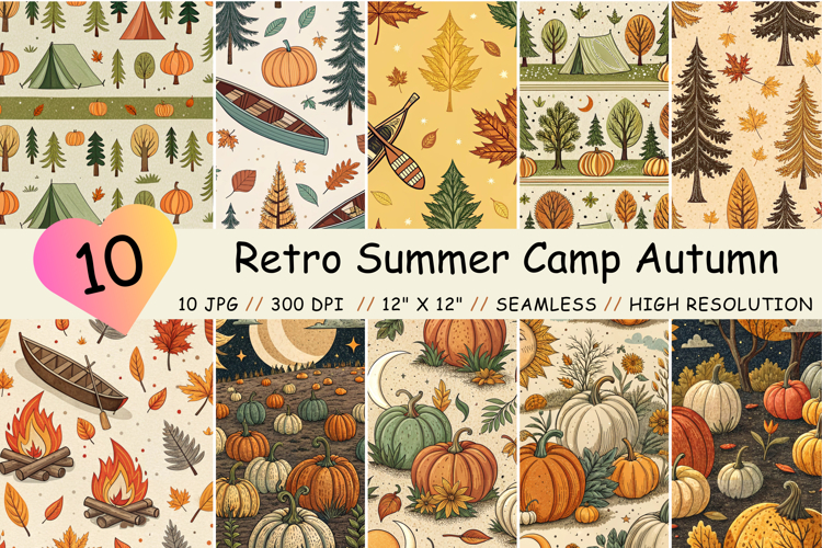 Retro Summer Camp Autumn Seamless Pattern, Digital Paper