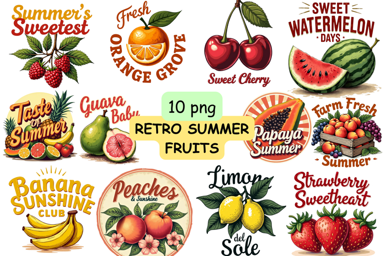 Retro Summer Fruits PNG Bundle | Vintage Fruit Sublimation