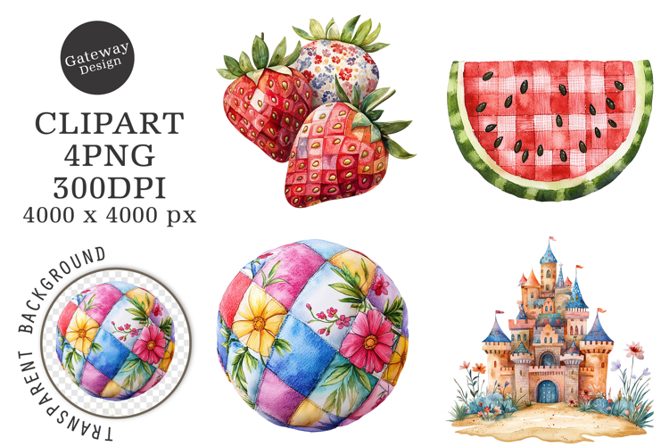 Retro Summer Strawberry Patchwork PNG example image 1