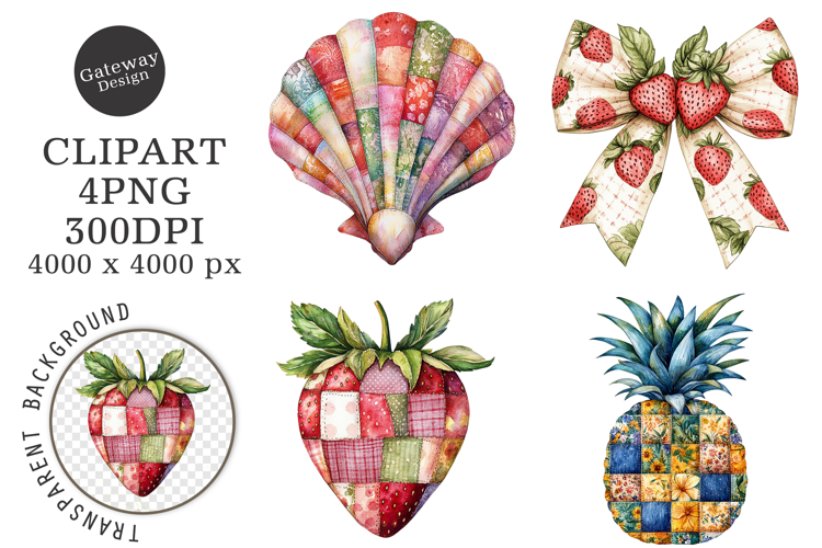 Retro Summer Strawberry Patchwork PNG example image 1