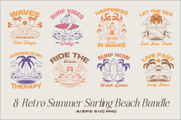 Retro Summer Surfing Beach T-shirt Design Bundle