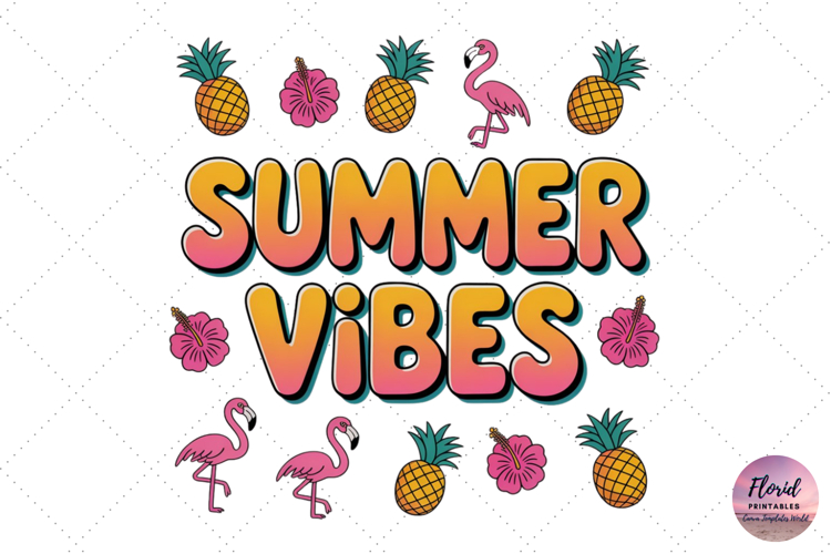 Retro Summer Vibes Bubble Letters with Flamingos
