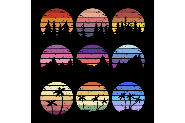 retro sunset set cartoon