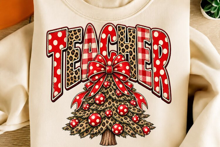 Teacher Christmas Leopard Buffalo Plaid PNG | Christmas Tree example image 1