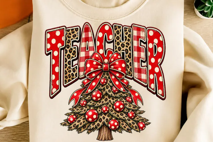 Teacher Christmas Leopard Buffalo Plaid PNG | Christmas Tree