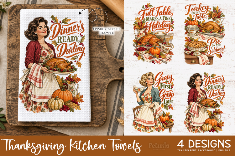Retro Thanksgiving Hostess PNG 4 Towel Designs