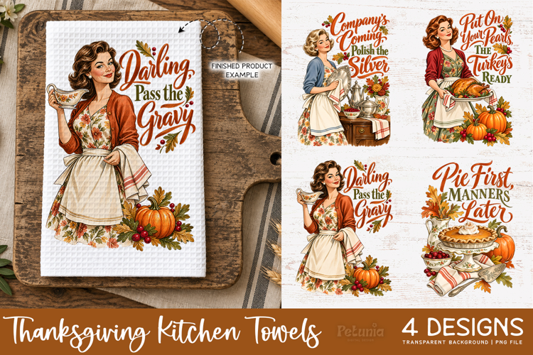 Retro Thanksgiving Kitchen Towels PNG 4 Designs