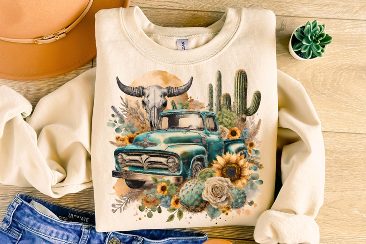 Retro Truck PNG, Country Western PNG, Cactus PNG, Bull Skull